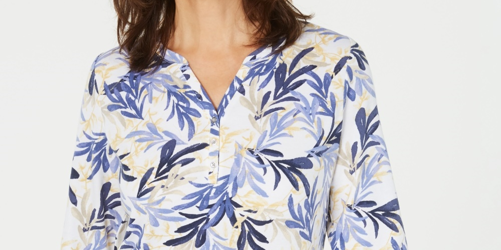Karen Scott Women's Printed Split-Neck Top Navy Size Large