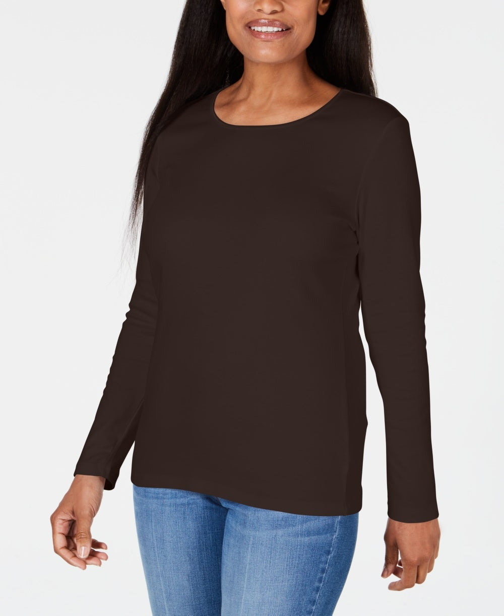 Karen Scott Women's Satin Trim Scoop Neck Top Black Size X-Small