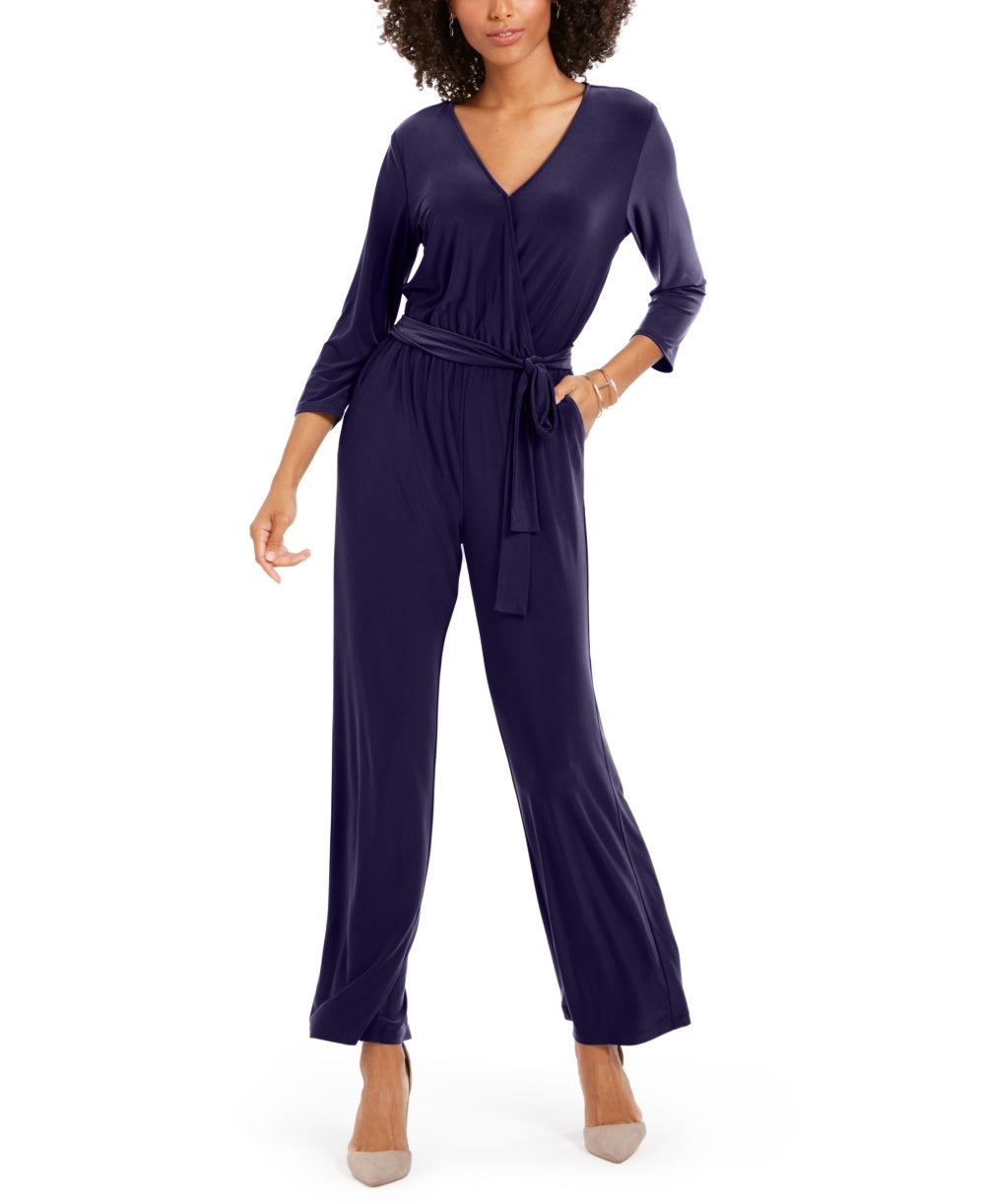 NY Collection Women's Petite Surplice-Neck Jumpsuit Purple Size Petite Large
