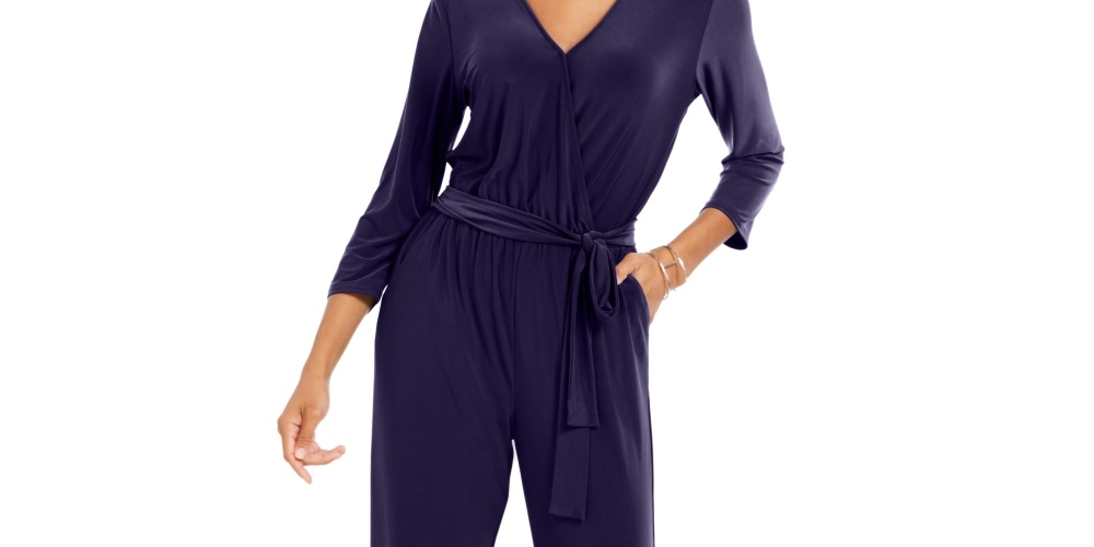 NY Collection Women's Petite Surplice-Neck Jumpsuit Purple Size Petite Large
