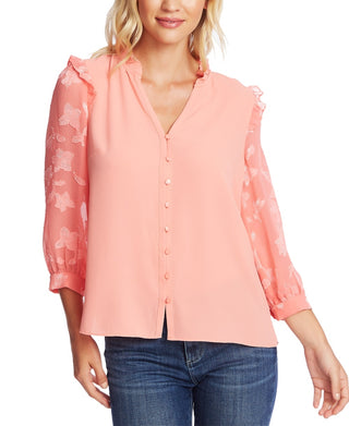 CeCe Women's Three Quarter Floral Jacquard Sleeve Top Pink Size Small