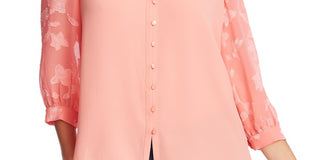 CeCe Women's Three Quarter Floral Jacquard Sleeve Top Pink Size Small