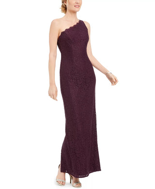 Adrianna Papell Women's Purple Lace Zippered Sleeveless Asymmetrical Neckline Maxi Sheath Evening Dress Purple Size 8