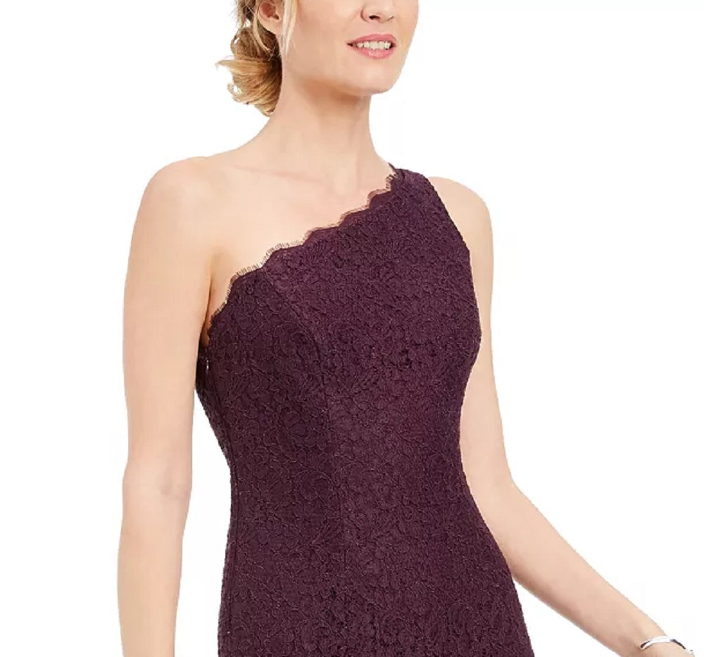 Adrianna Papell Women's Purple Lace Zippered Sleeveless Asymmetrical Neckline Maxi Sheath Evening Dress Purple Size 8