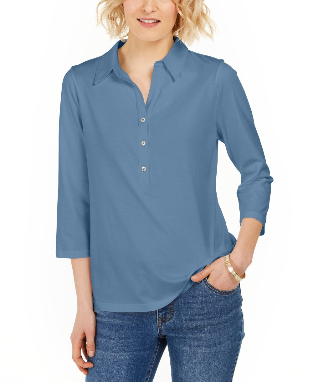 Charter Club Women's Supima Cotton 3/4-Sleeve Polo Blue Size Small