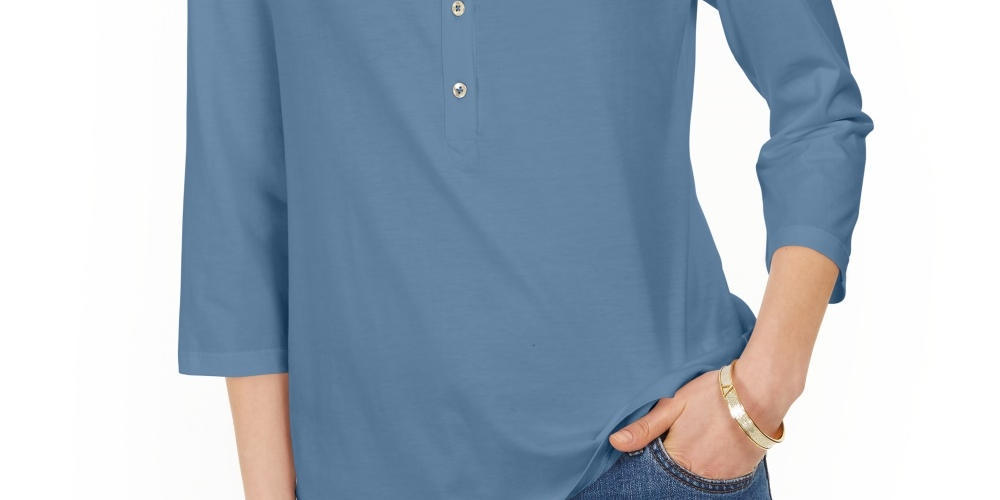 Charter Club Women's Supima Cotton 3/4-Sleeve Polo Blue Size Small