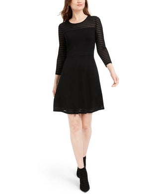 Calvin Klein Women's 3/4 Sleeve Jewel Neck Short Fit Flare Dress Black Size PXS