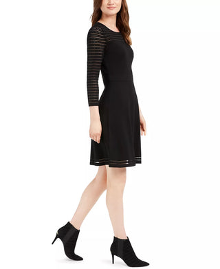 Calvin Klein Women's 3/4 Sleeve Jewel Neck Short Fit Flare Dress Black Size PXS