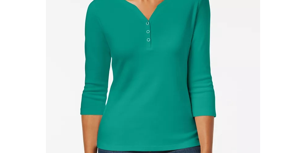 Karen Scott Women's Cotton Henley Top Bright White Size Medium