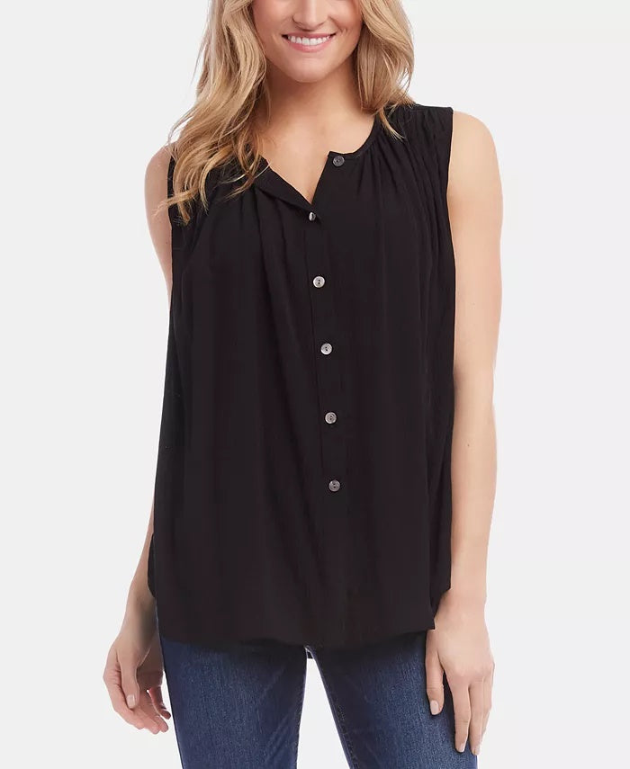 Karen Kane Women's Ruched Sleeveless Button Down Top  Black Size Medium