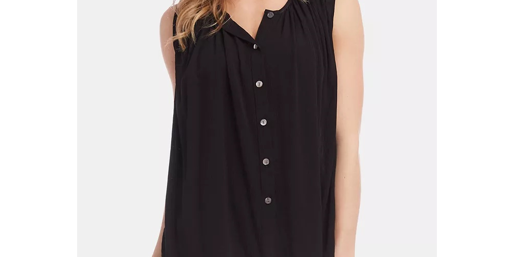 Karen Kane Women's Ruched Sleeveless Button Down Top  Black Size Medium