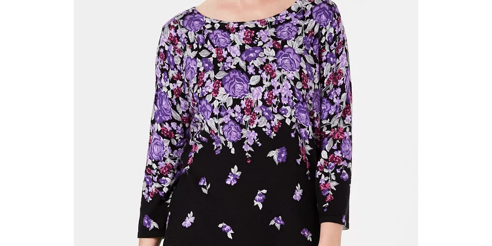 Karen Scott Women's Printed 3/4 Sleeve Sweater Blue Size Petite L