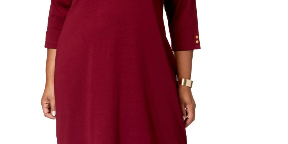 Karen Scott Women's Boat Neck 3/4 Sleeves Shift Dress Wine Size 3X