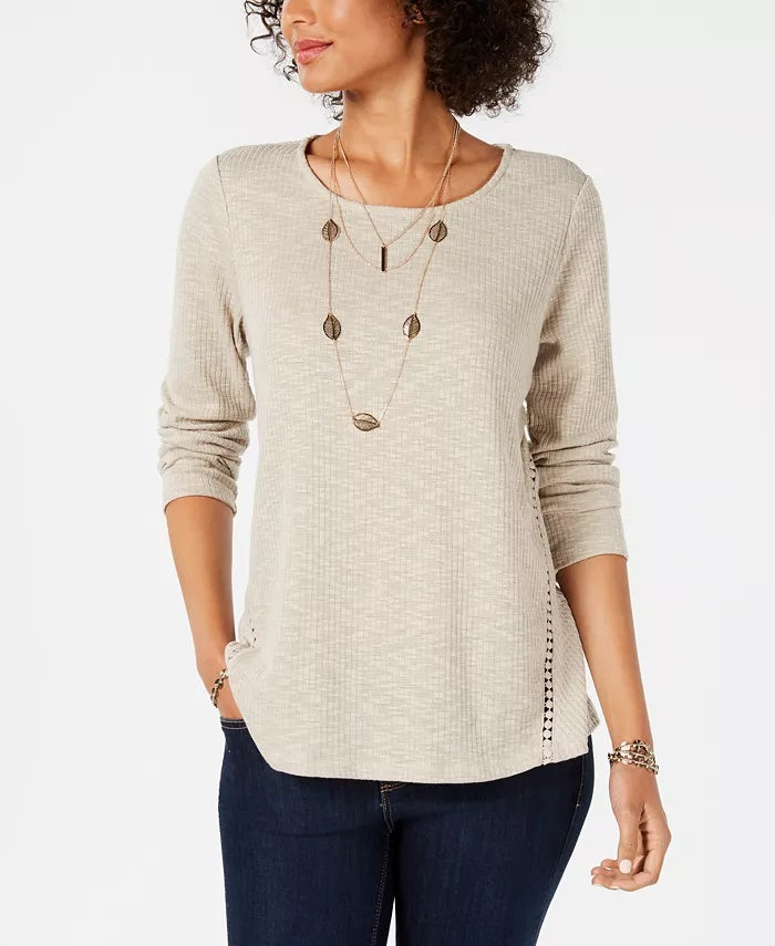 Style & Co Women's Pinstripe Long Sleeve Jewel Neck Sweater Beige Size X-Small