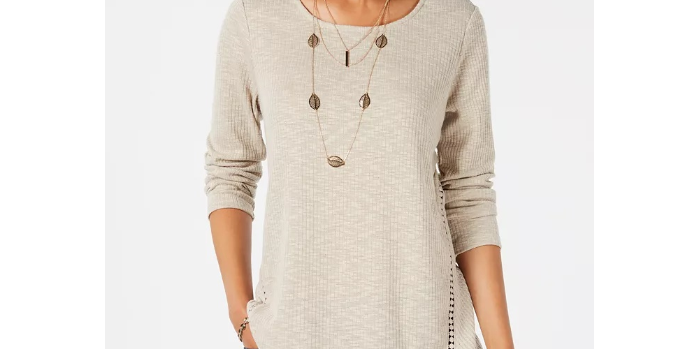 Style & Co Women's Pinstripe Long Sleeve Jewel Neck Sweater Beige Size X-Small