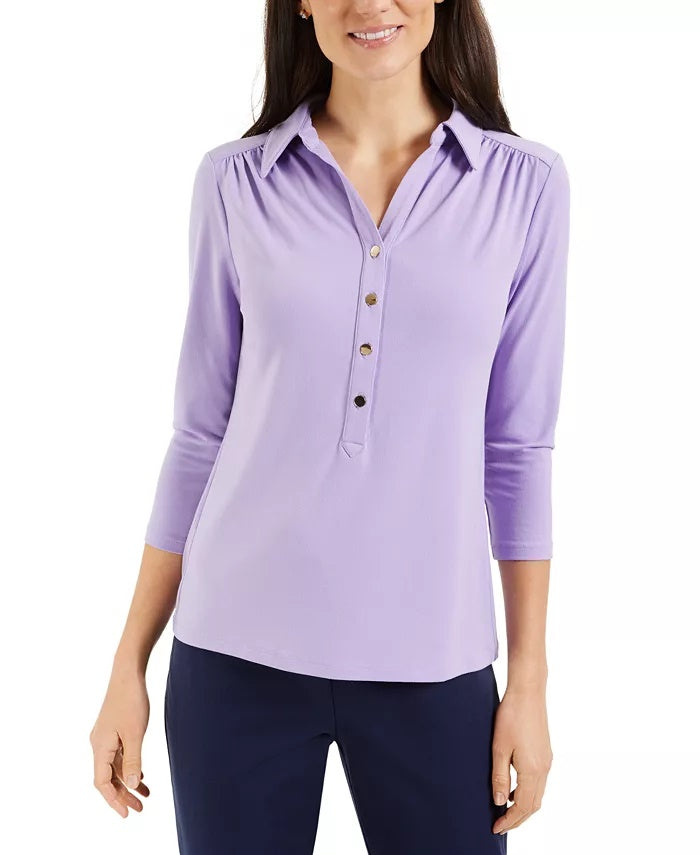 Charter Club Women's Petite 3/4-Sleeve Polo Top Black Size PL