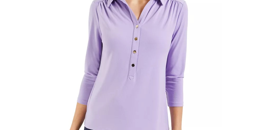 Charter Club Women's Petite 3/4-Sleeve Polo Top Black Size PL