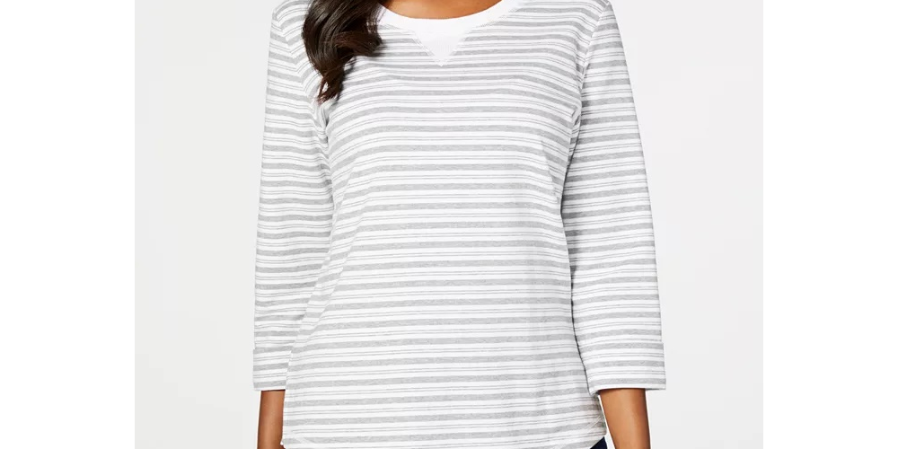 Karen Scott Women's Striped 3/4 Sleeve Sweatshirt Gray Size Petite L