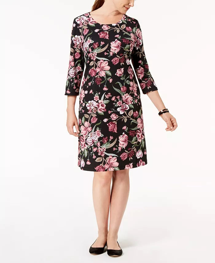 Karen Scott Sport | Floral 3/4 Sleeve Swing Dress Black Size Petite SM