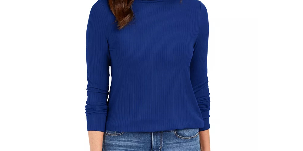Charter Club Women's Heathered Ribbed Turtleneck Top Blue Size X-Small