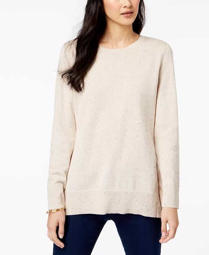 Maison Jules Women's Long Sleeve Jewel Neck Sweater Beige Size Large