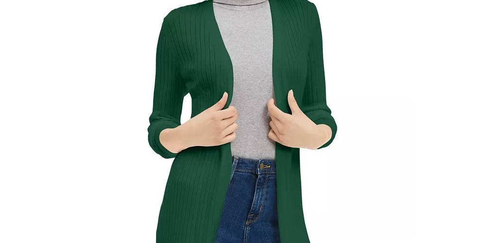 Maison Jules Women's Ribbed Open Cardigan Sweater Green Size Large