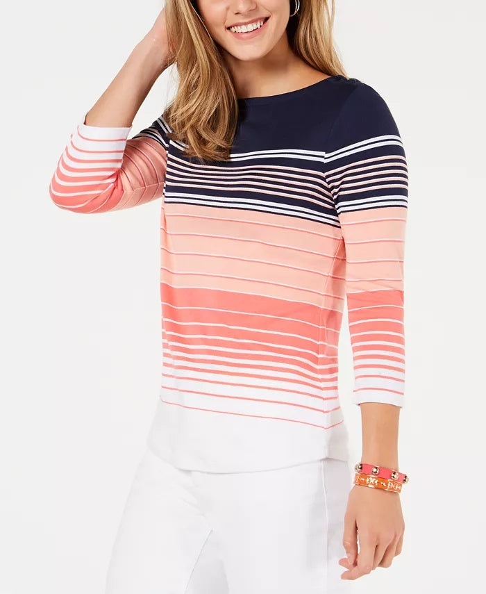 Charter Club Women's Striped Cotton Boat Neck Top Pink Size Petite Small