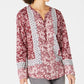Style & Co Women's Printed Long Sleeve V Neck Top Red Size Petite S