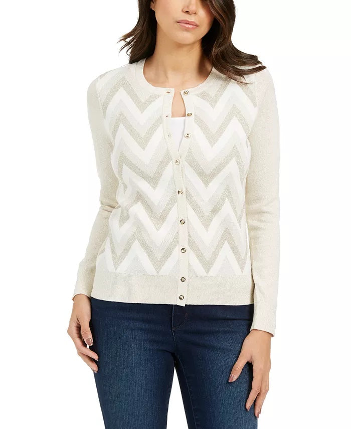 Charter Club Women's Chevron Print Metallic Threaded Cardigan Creme Size Petite XL