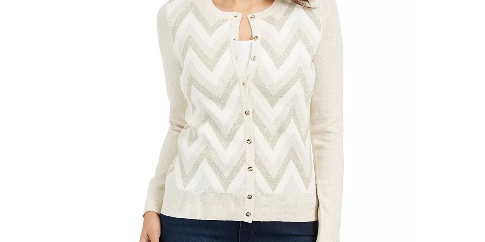 Charter Club Women's Chevron Print Metallic Threaded Cardigan Creme Size Petite XL