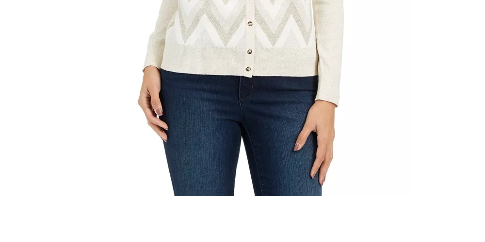 Charter Club Women's Chevron Print Metallic Threaded Cardigan Creme Size Petite XL