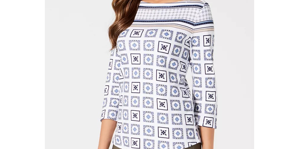 Charter Club Women's 3/4 Sleeve Printed Top White Size Petite L