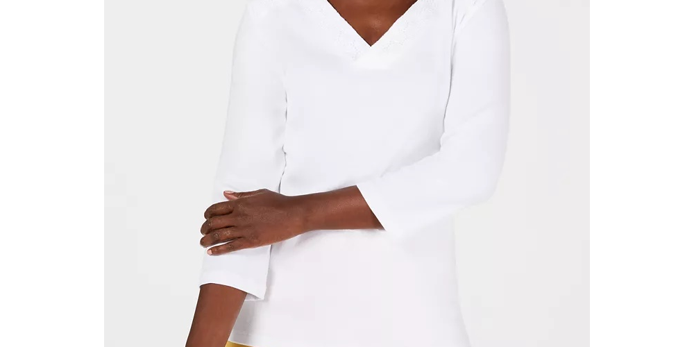 Karen Scott Women's Eyelet V Neck Cotton Top White Size Petite Medium