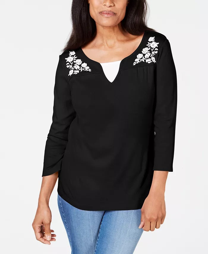 Karen Scott Women's Embroidered Cotton Layered Look Top Chestnut Size Petite L