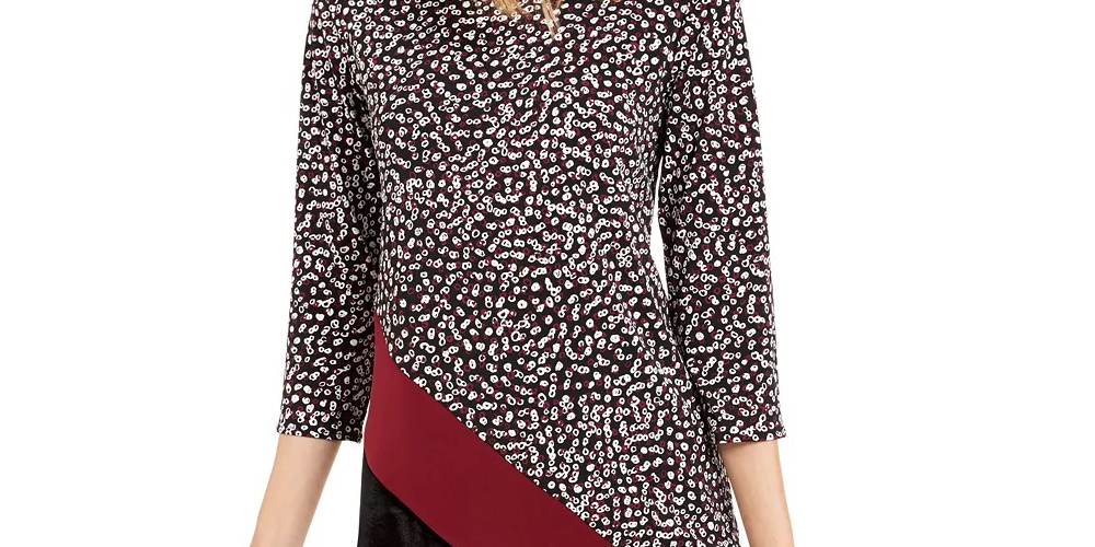 Alfani Women's Colorblocked Asymmetrical Hem Top Black Size Petite XL