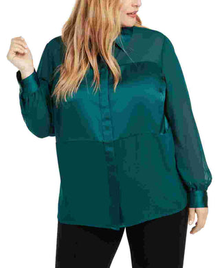 Alfani Women's Plus Size Satin Mixed-Media Top Green Size 0X