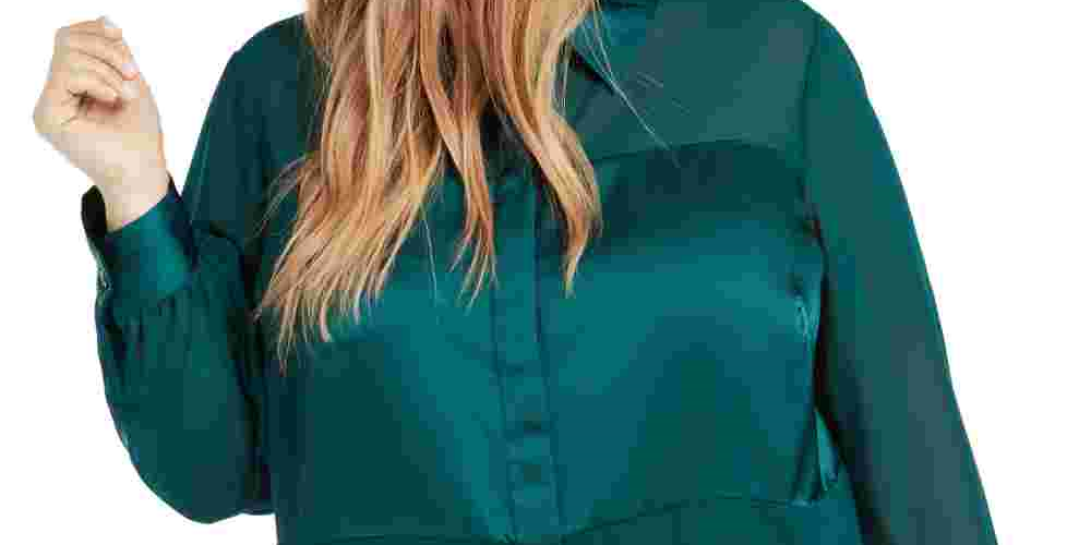 Alfani Women's Plus Size Satin Mixed-Media Top Green Size 0X