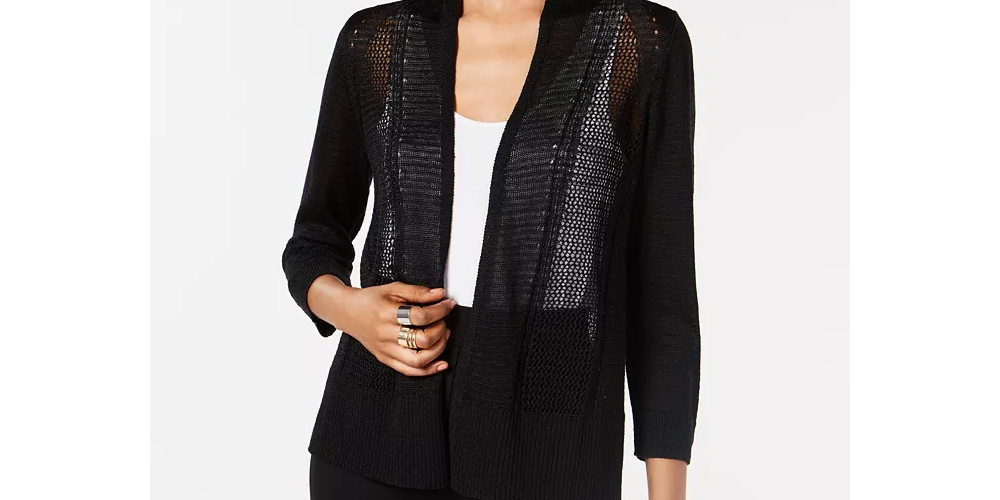Alfani Women's Petite Mixed-Stitch Open-Front Cardigan Black Size PS