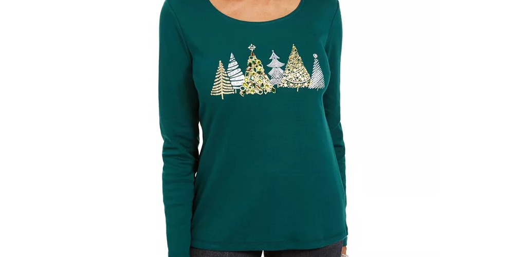 Karen Scott Women's Sparkle Holiday Graphic Shirt Green Size XX-Large