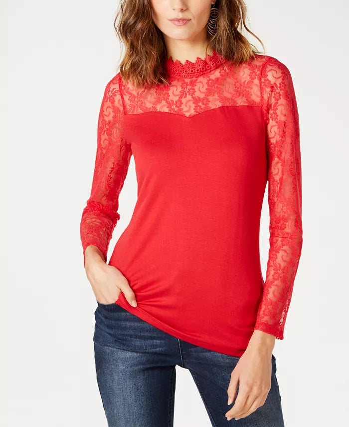 INC International Concepts Women's Petite Lace-Yolk Top Burgundy Size -PXL