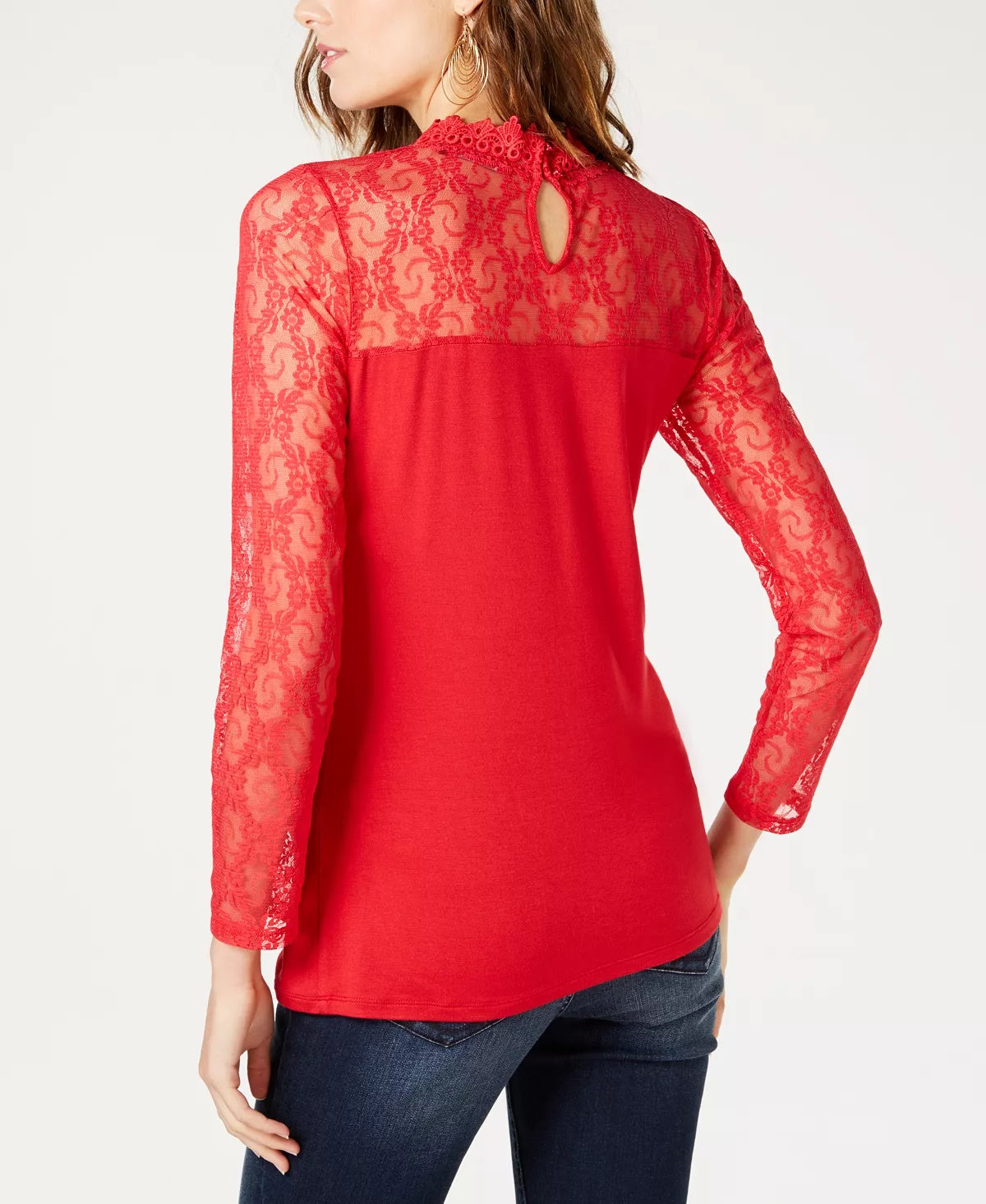INC International Concepts Women's Petite Lace-Yolk Top Burgundy Size -PXL