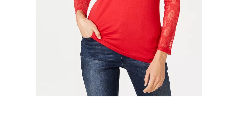INC International Concepts Women's Petite Lace-Yolk Top Burgundy Size -PXL