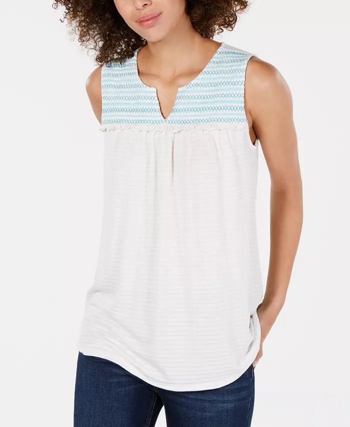 Style & Co Women's Embroidered-Yoke Ruffle-Trim Top White Size Medium