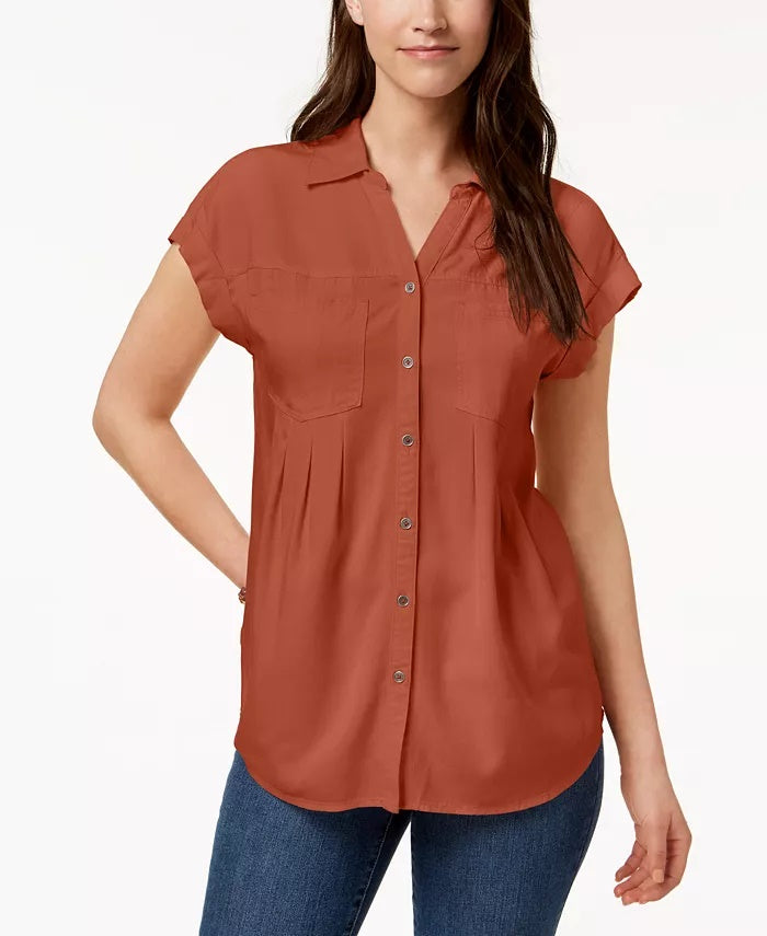 Style & Co Women's Pleated Cuffed-Sleeve Top Darkorange Size X-Small
