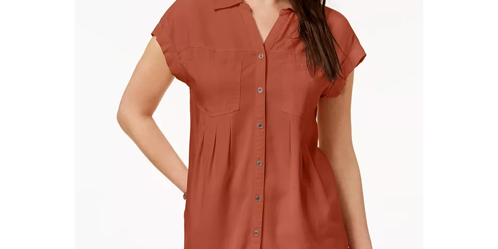 Style & Co Women's Pleated Cuffed-Sleeve Top Darkorange Size X-Small