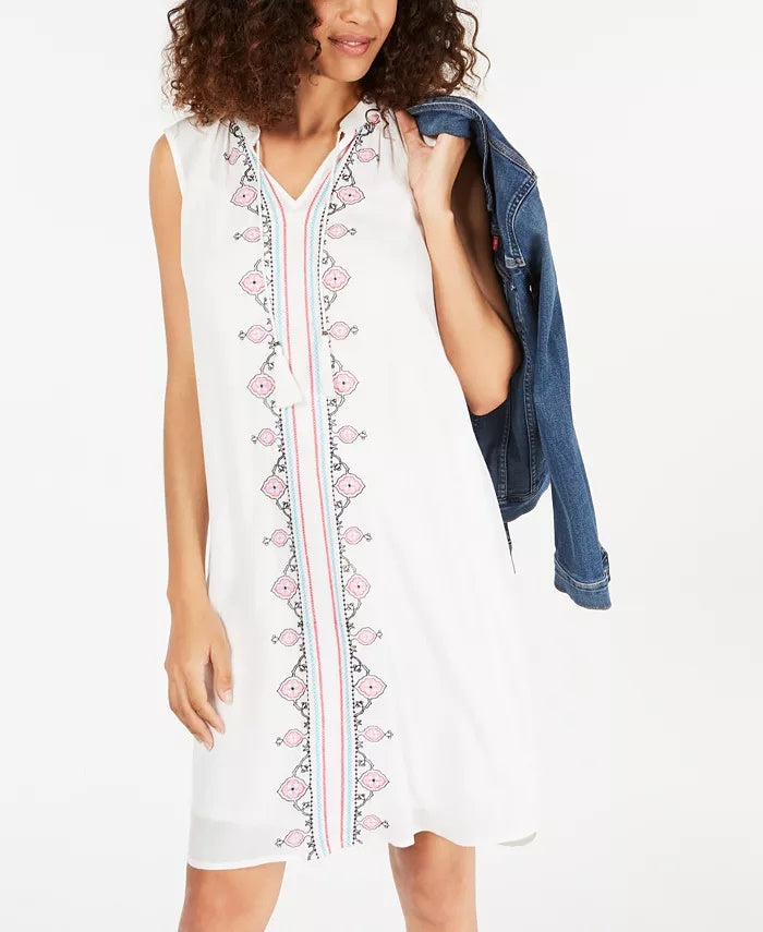 Style & Co Women's Embroidered Tassel Tie Dress White Size Large