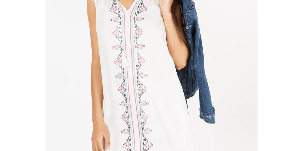 Style & Co Women's Embroidered Tassel Tie Dress White Size Large