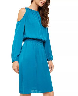Alfani Women's Petite Smocked-Waist Cold-Shoulder Dress Blue Size Medium