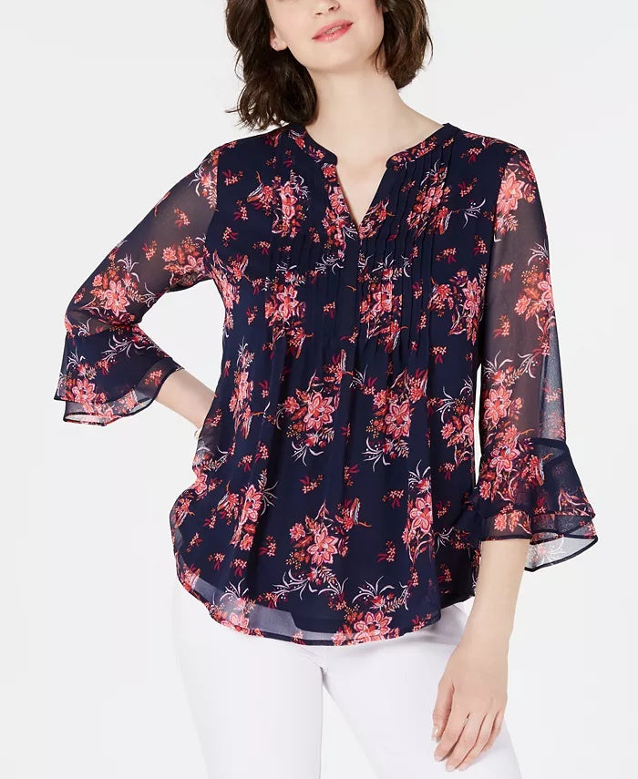 Charter Club Women's Floral Pintuck Top Pink Size XX-Large