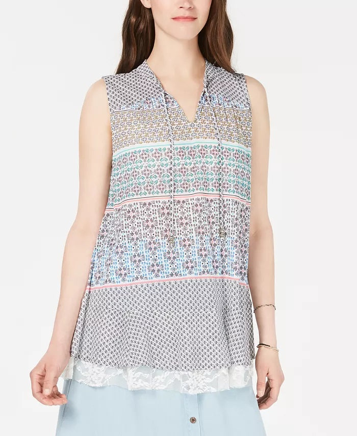 Style & Co Women's Printed Lace-Trim Top White Size X-Large